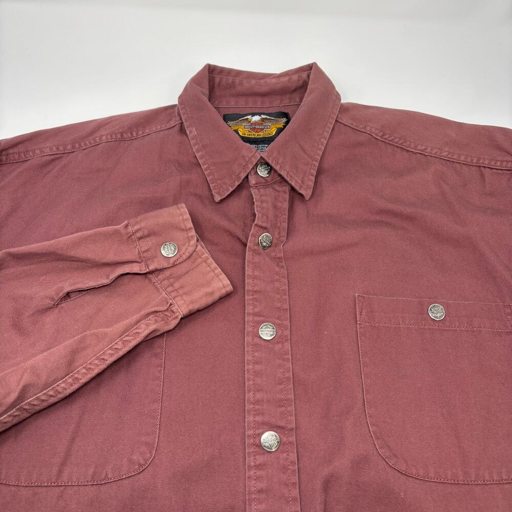 Harley Davidson Mens XL Maroon Long Sleeve Metal Snap Button Up Graphic Shirt